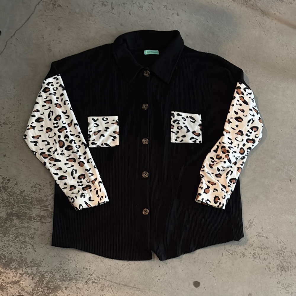 Black Shirt with Leopard Print Sleeves